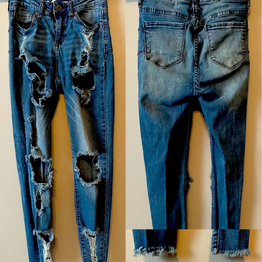 High rise skinny ankle size 3 very “wholly”, and yes, I bought them that way